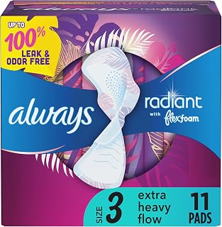 Always Radiant FlexFoam Pads for Women Size 3, Extra Heavy Flow Absorbency, Scented with Wings, 11 Count