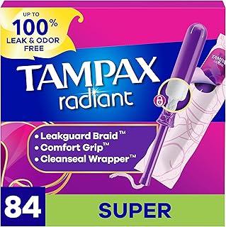 Tampax Radiant Tampons for Women, with LeakGuard Braid, Super Absorbency, Unscented, 84 Count (3 Packs of 28), Packaging May Vary