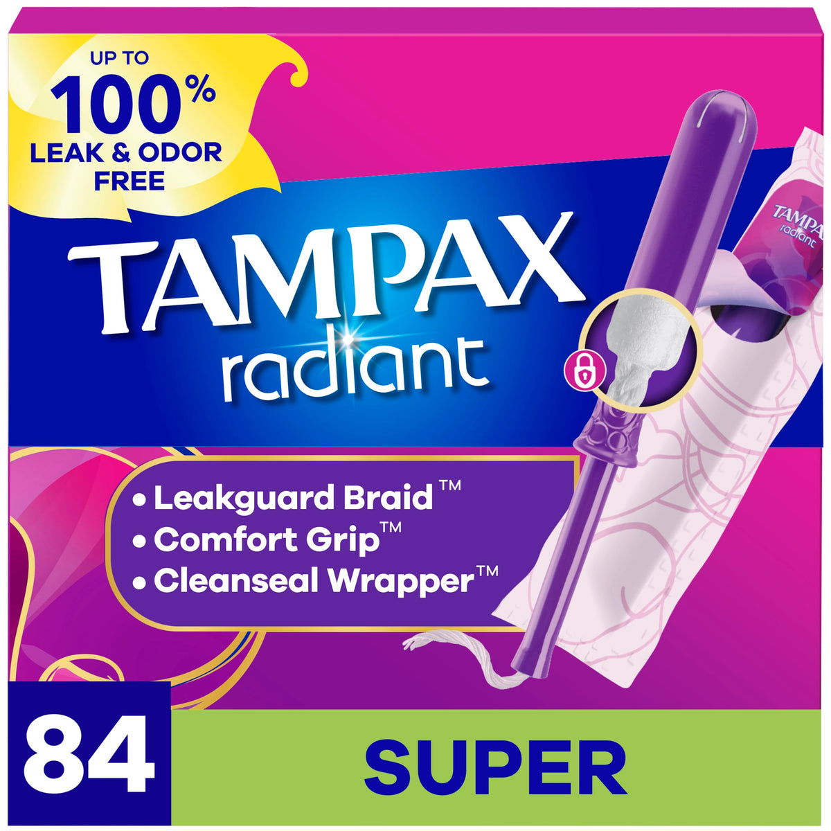 Radiant Tampons for Women by Tampax – Super, Plastic, Full Size (84ct), Pack of 3, Model Radiant Tampons with Leakguard Braid, Super Absorbency, Unscented