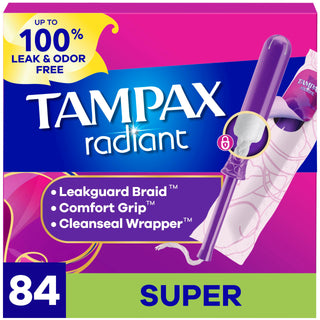 Radiant Tampons for Women by Tampax – Super, Plastic, Full Size (84ct), Pack of 3, Model Radiant Tampons with Leakguard Braid, Super Absorbency, Unscented