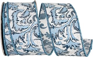 Reliant Ribbon Filigree Azul Glittered Deluxe Wired Edge, Blue, 2-1/2 Inch, 10 Yards