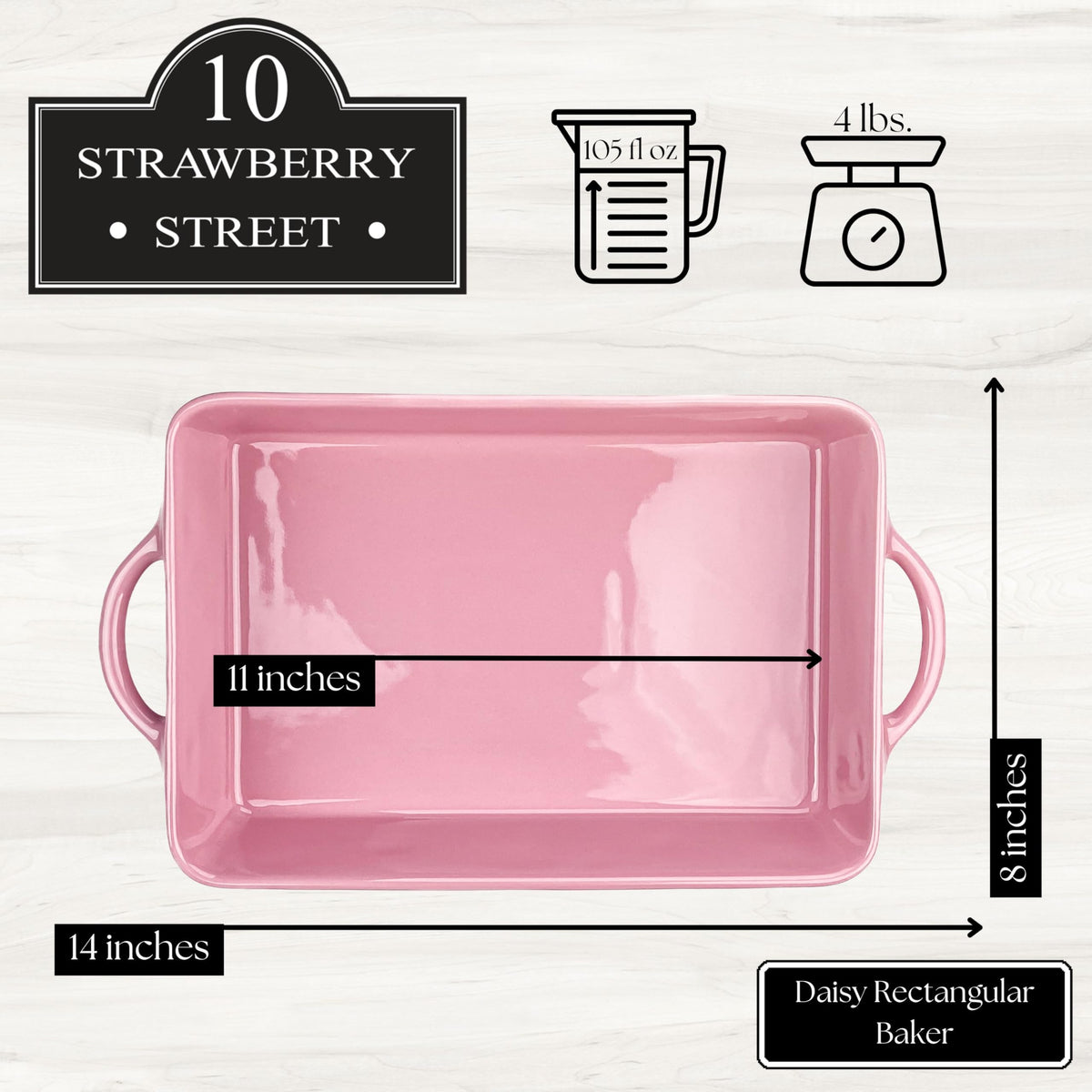 Daisy Rectangular Baker by 10 Strawberry Street – 112 oz, 112.0 fluid_ounces, Stoneware, Pink, Model DS-PFL-40-63-003