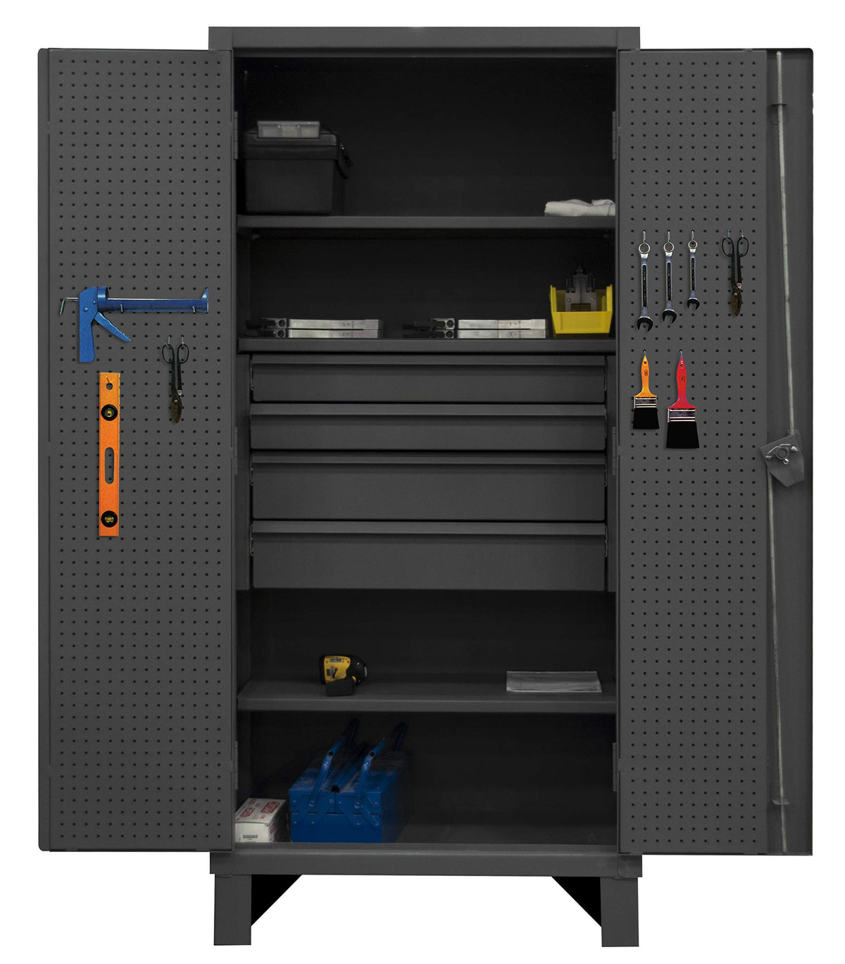 Cabinet, 3 shelf, 3 drawer, broom holder by Durham – Alloy Steel, Grey, Model HDCDB243678-4M95