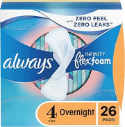 Always Infinity With FlexFoam Pads For Women, Size 4, Overnight Absorbency With Wings, 26 Count