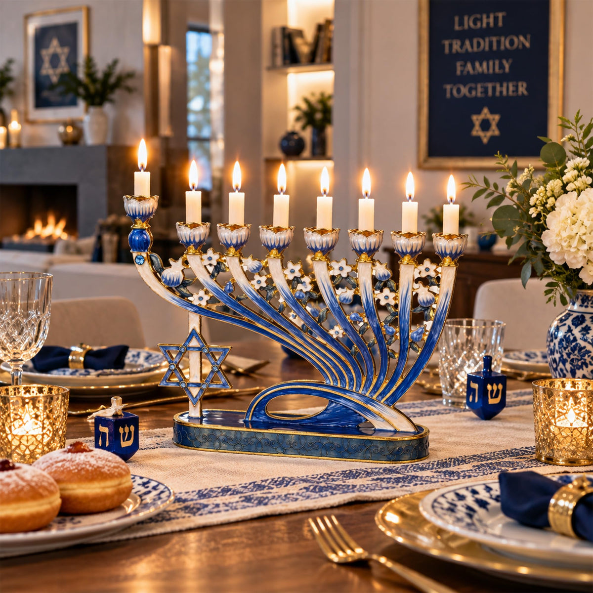 Matashi Hand Painted Menorah, Pewter with Blue Enamel and Crystals