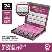 Stock & Brew Coffee Maker Cleaner Tablets 24 Count 1 Year Supply Descaler and Cleaning Tablets for Espresso Drip and Pod Machines Removes Residue and Improves Taste by Stock Your