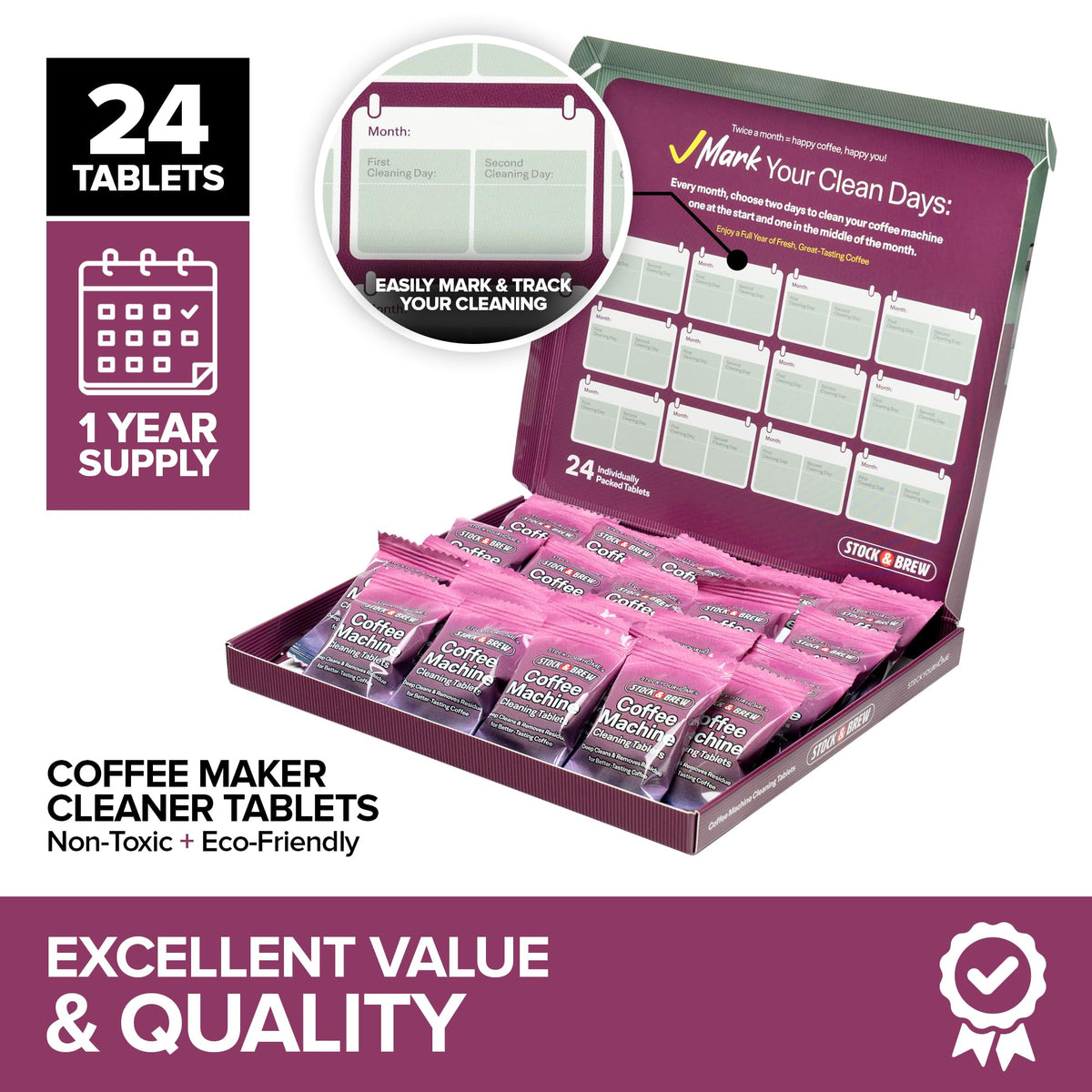 Stock & Brew Coffee Maker Cleaner Tablets 24 Count 1 Year Supply Descaler and Cleaning Tablets for Espresso Drip and Pod Machines Removes Residue and Improves Taste by Stock Your