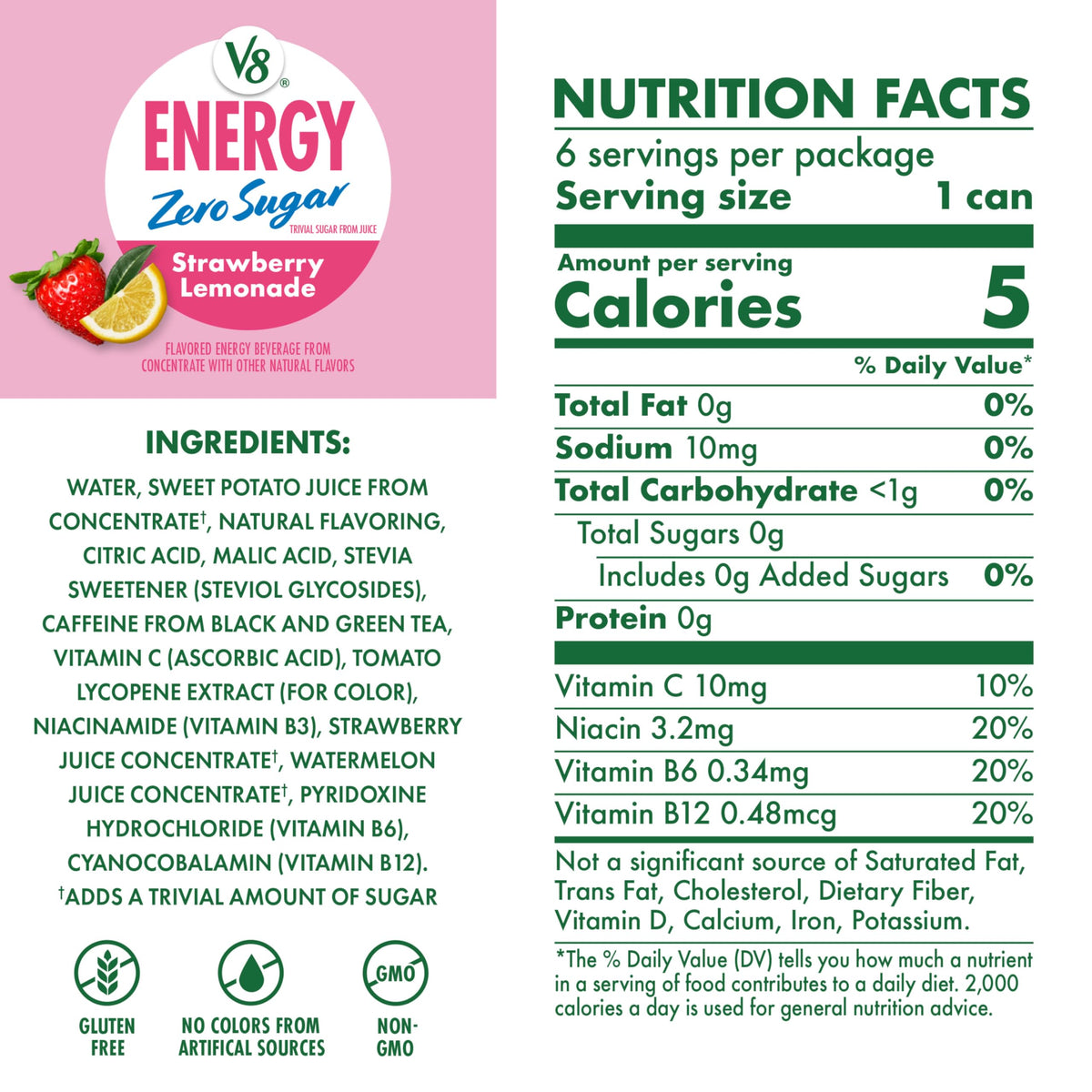Energy Zero Sugar Strawberry Lemonade by V8 – Pack of 6 (8 Fl Oz), Model 200000029499