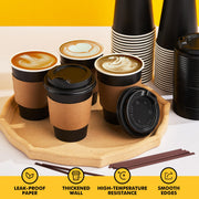 Racetop Paper Coffee Cups, 12 oz with Lids and Sleeves, Black, 100 Count