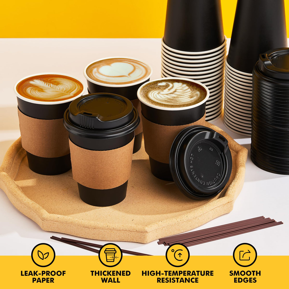 Racetop Paper Coffee Cups, 12 oz with Lids and Sleeves, Black, 100 Count