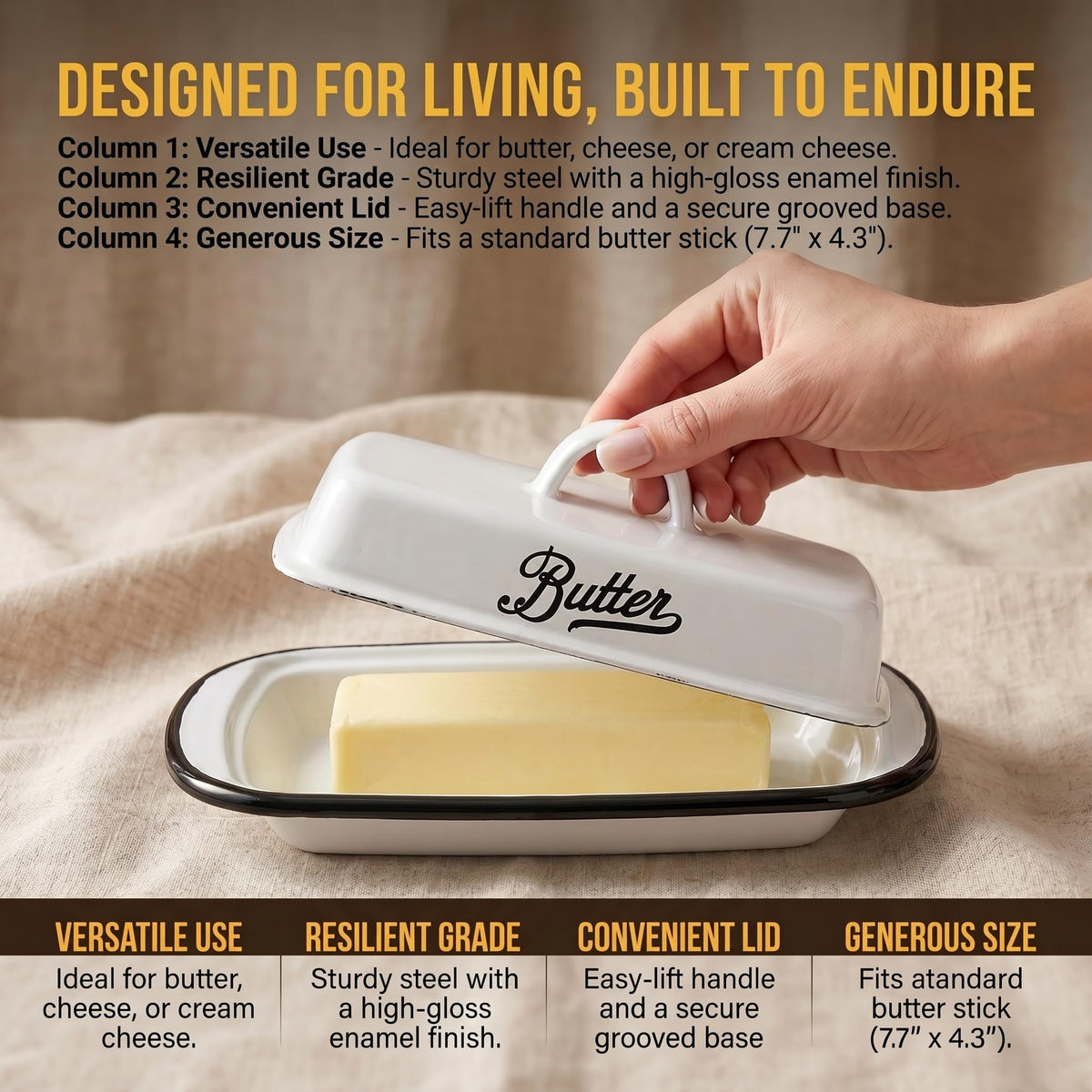 Suwimut Enamel Butter Keeper, White with Black Trim, 7.7 x 4.3 x 2.6 Inches