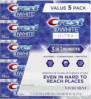 Crest 3D White Ultra Whitening Toothpaste, Vivid Mint, (5.3 Ounce, 5 Pack)