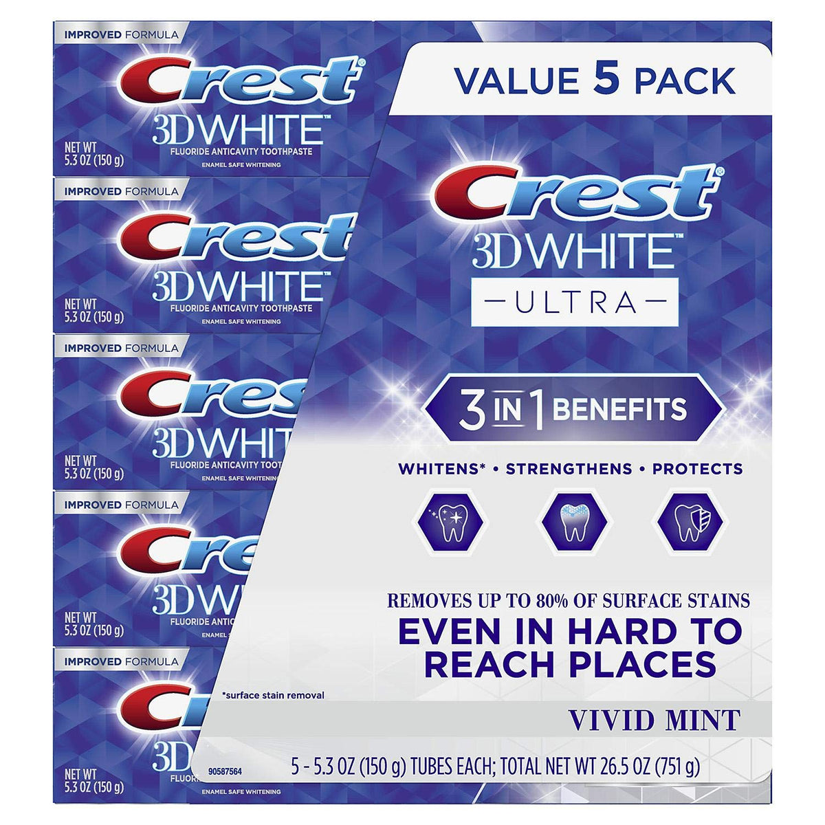 3D White Ultra Whitening Toothpaste by Crest – 5.3 Ounce (Pack of 5), Pack of 5