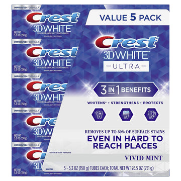 3D White Ultra Whitening Toothpaste by Crest – 5.3 Ounce (Pack of 5), Pack of 5