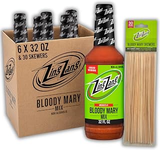 Zing Zang Bloody Mary Cocktail Mixer + Wooden Skewers (6 x 32 Fl Oz) | Non-Alcoholic Mixer | Bar Supplies