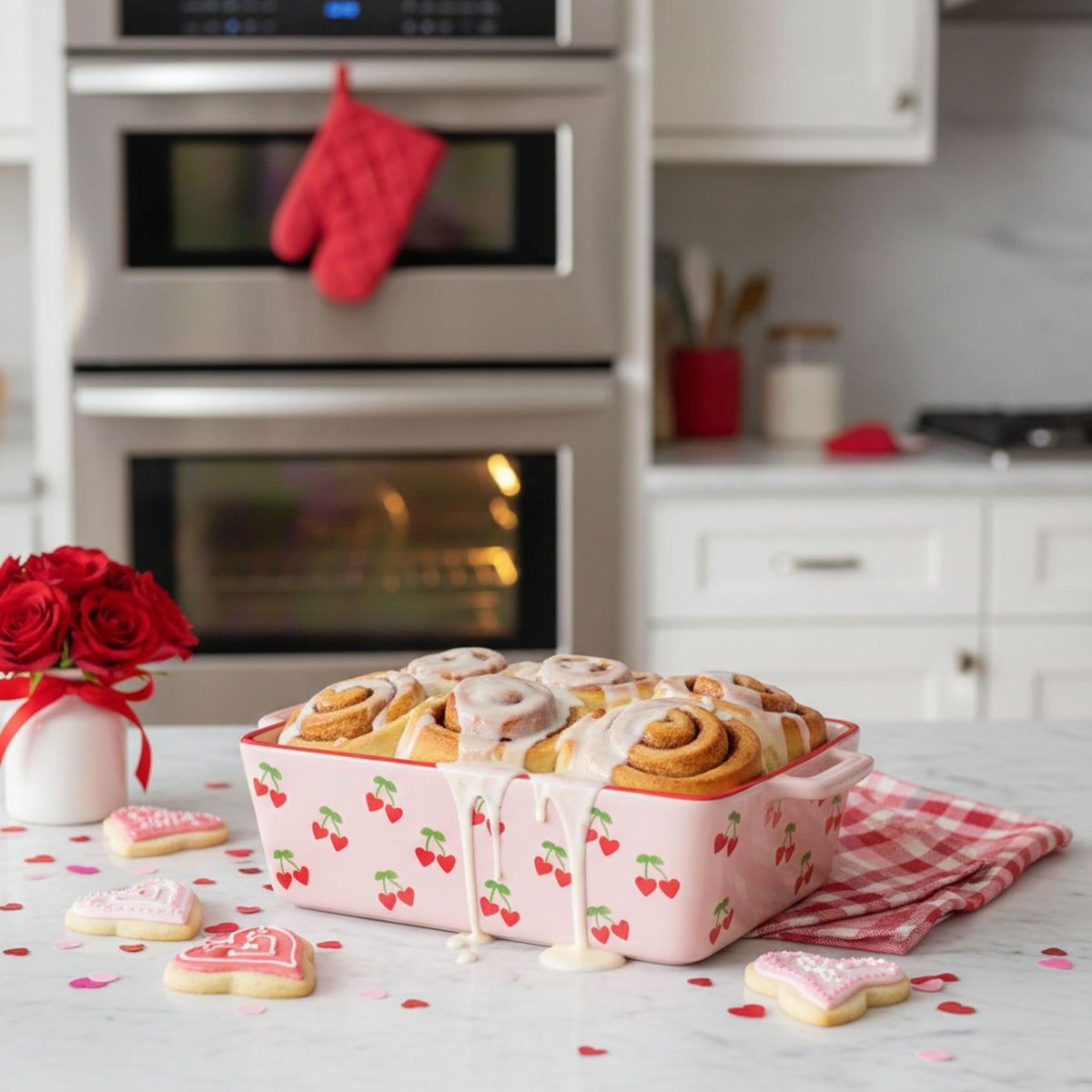 Cherry Hearts Loaf Pan by 10 Strawberry Street – 64, 64.0 fluid_ounces, Stoneware, White, Model CLF-40-50-004
