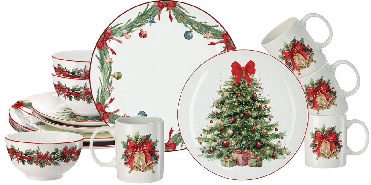 Pickmesh Christmas Dinnerware Set, 16 Piece Ceramic Service for 4