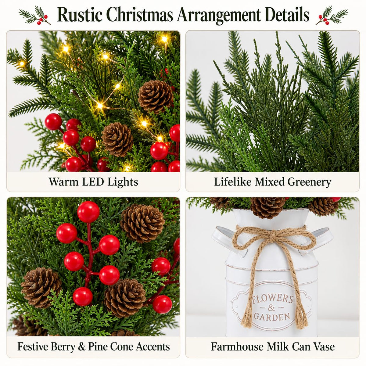 KIVIVO Christmas Centerpiece, Metal Pot with Norfolk Pine Stems, Red