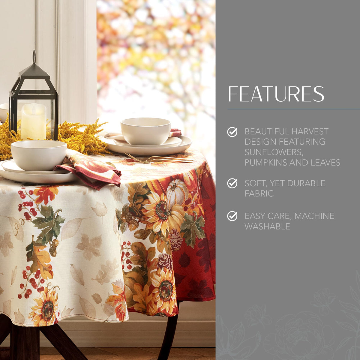 Elrene Swaying Leaves Bordered Tablecloth, 70 Inch Round, Multi Color
