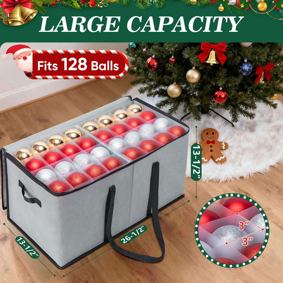 Baleine Ornament Storage Bin with Dividers, Holds 128 Balls, Grey Soft