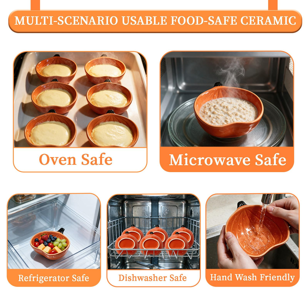 Gooyule Pumpkin Bowls, 6 oz Ceramic Ramekins, Set of 6, Orange