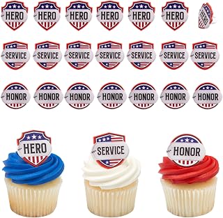 24 x Patriotic Heroes Cupcake Rings, DecoPac USA Stars & Stripes Cake Toppers For Veterans Day, Red, White, Blue, America - 24 Pack