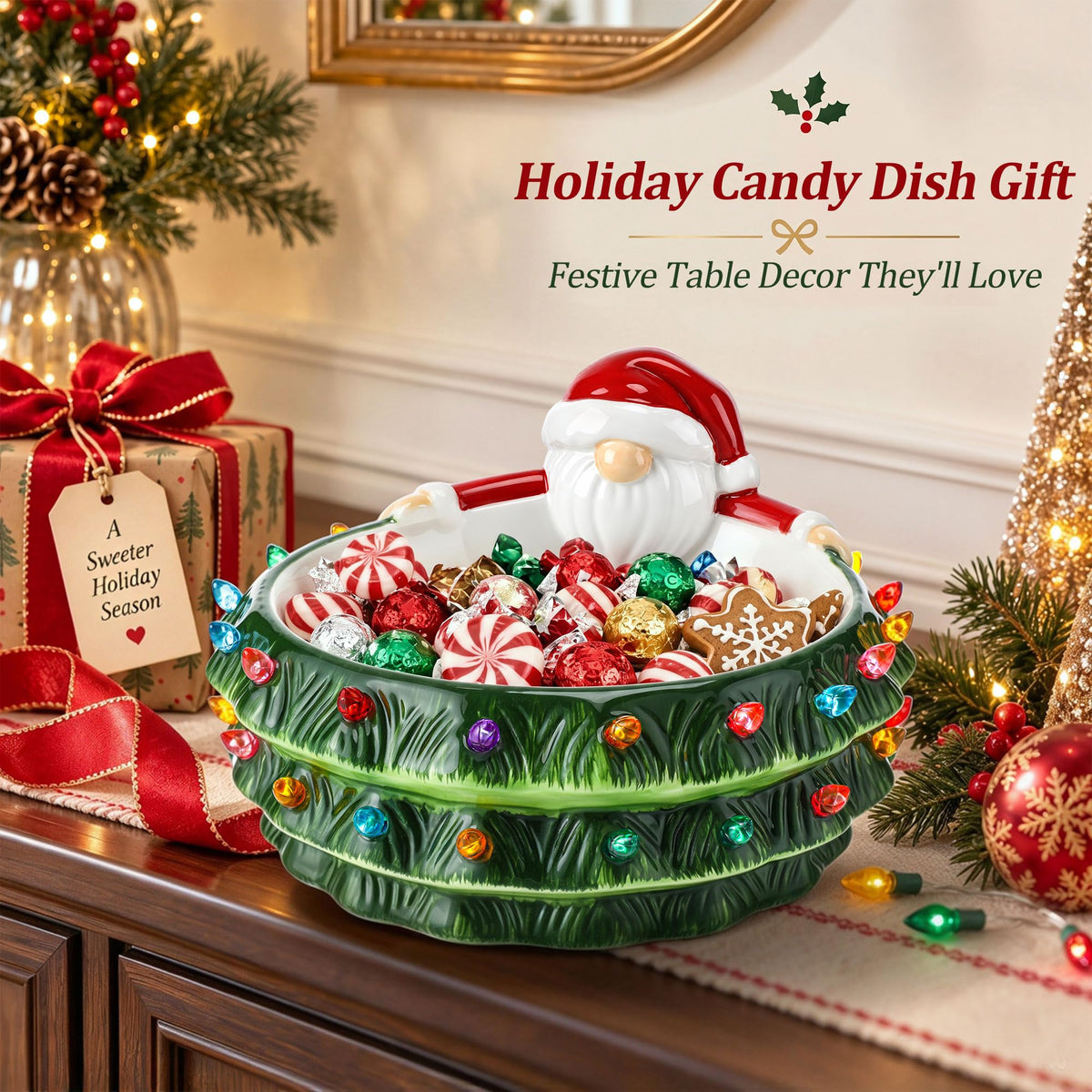 Saillong Ceramic Gnome Candy Bowl, 44 Oz, Holiday Design