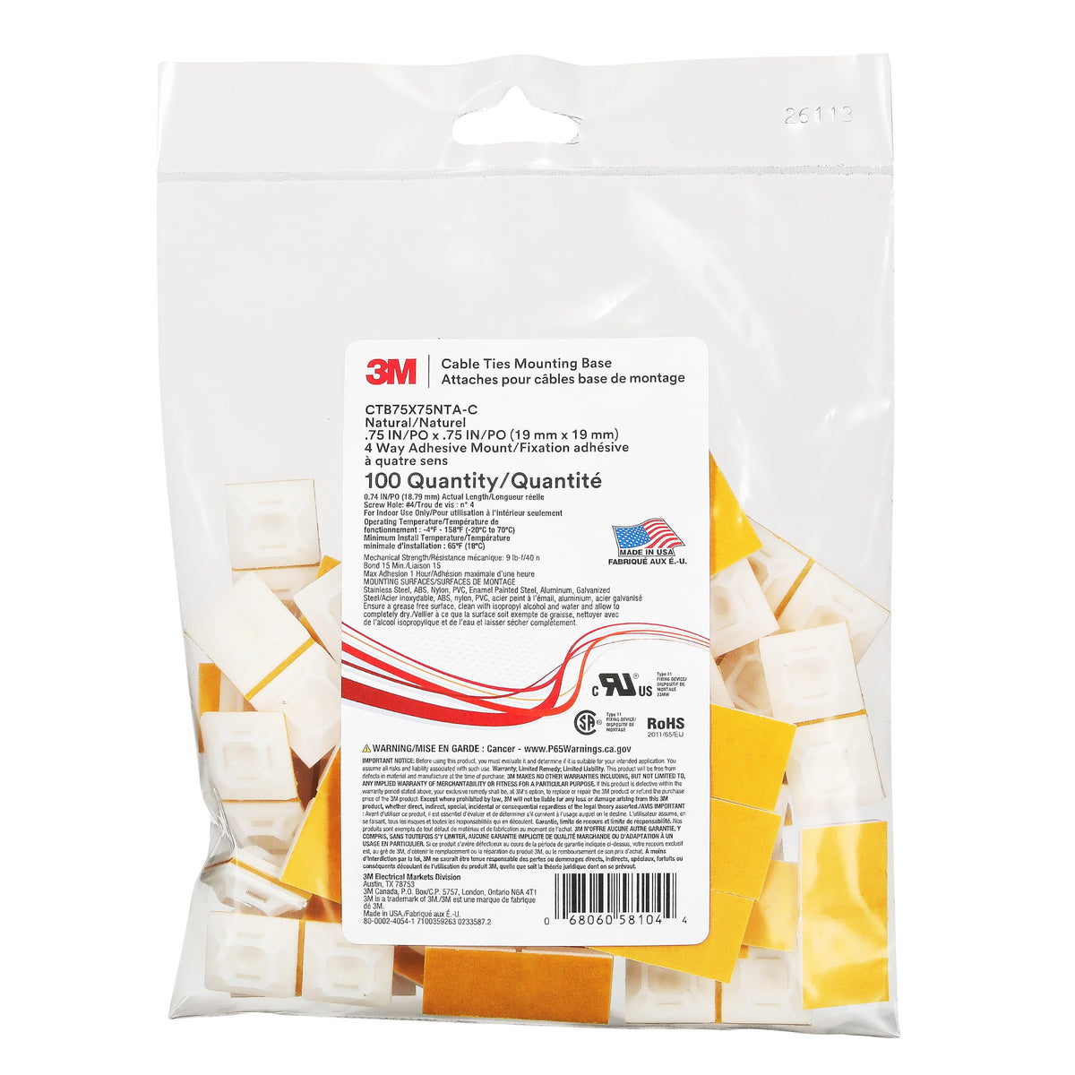 Cable Tie Mounting Base by 3M – 75 x .75, Beige, Pack of 100, Model CTB75X75NTA-C