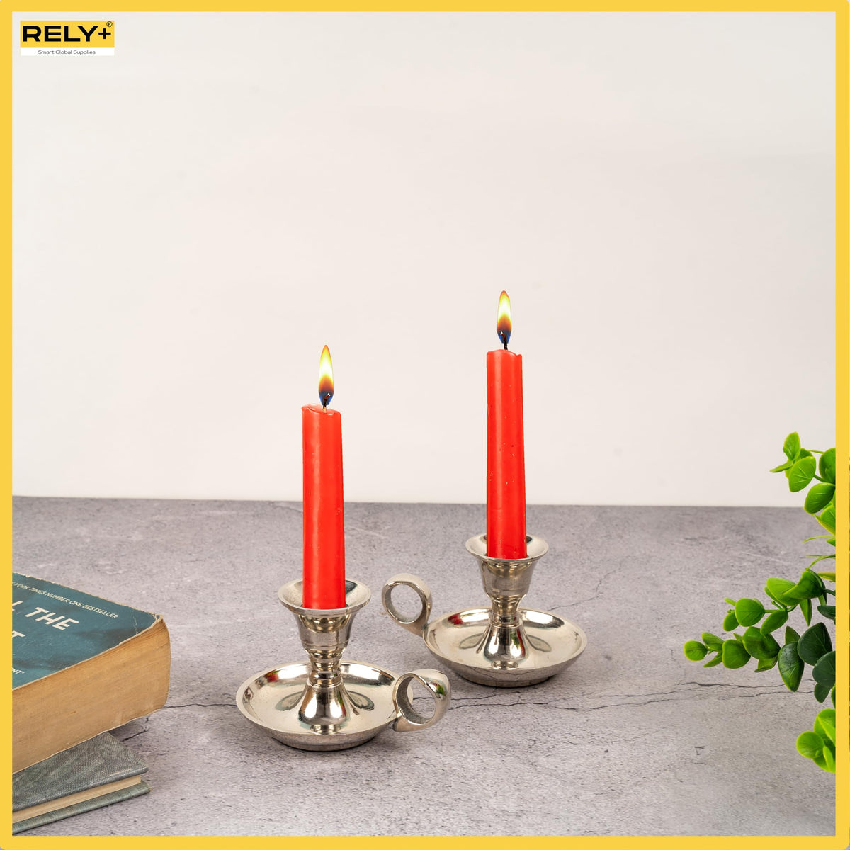 Rely+ Candle Holders with Handle, Taper Candlestick Set of 2, Glossy Silver
