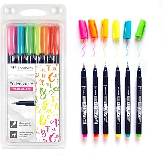 Tombow Fudenosuke Hard Tip Brush Pens (Set of 6) - Neon Colours