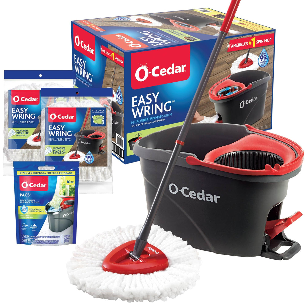 Microfiber Spin Mop & Bucket Floor Cleaning System + 2 Extra Mop Head Replacements with Citrus Pac (Variety Pack) by O-Cedar – EW + 2 Refills W/Citrus PACS, Model EasyWring