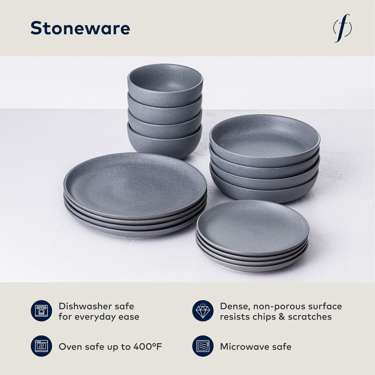 Sound Stoneware 16 Piece Dinnerware Set by Fortessa – Service for 4, Stoneware, Cement, Pack of 16, Model 6500.SND.PB.SET