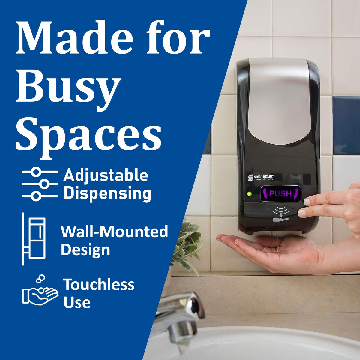 Rely Hybrid Liquid Soap Dispenser by San Jamar – 900.0 milliliters, Metal, Black, Model SH970BKSS