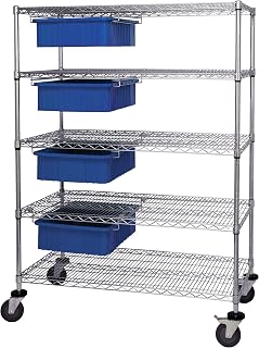 QUANTUM STORAGE SYSTEMS WRC5-63-2436-92060BL Wire Heavy Duty Wheels 5 Shelves 4 Dividable Grid Blue Bins 69" H x 36" W x 24" D