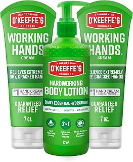 O'Keeffe's Working Hands Hand Cream 7 oz (2 Pack) & Hardworking Body Lotion 12 oz (1 Pack) Bundle, Unscented, Non-Greasy Relief for Extremely Dry Skin