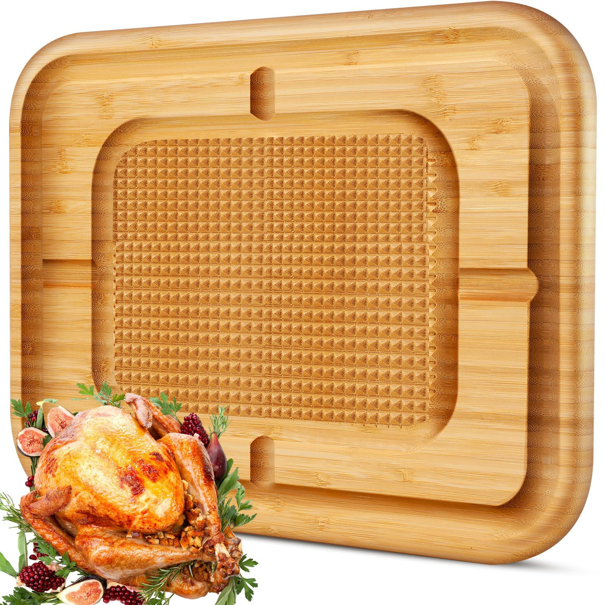 Patelai Bamboo Carving Board, 16 Inch with Juice Groove and Spikes, Natural