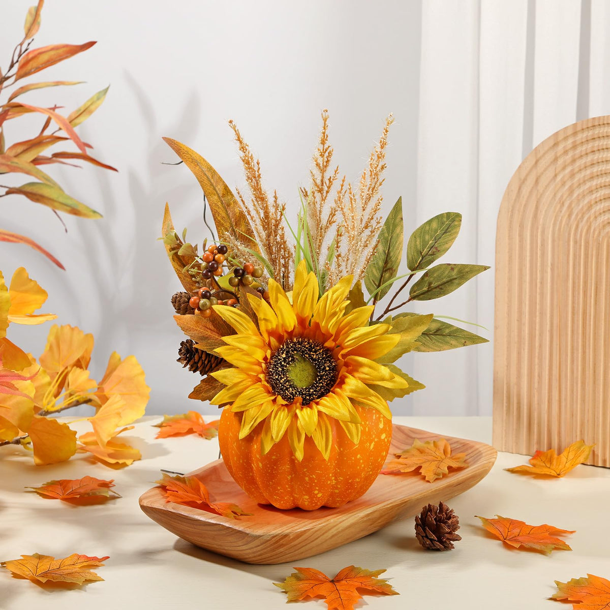 Arborus Artificial Pumpkin Arrangement, 13.7 Inch Tall, Orange Sunflower