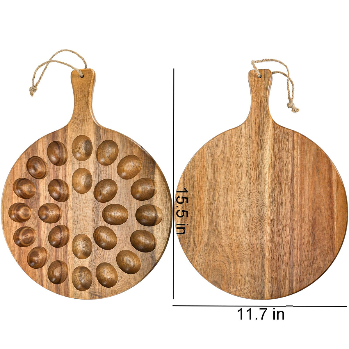 Okllen Acacia Wood Deviled Egg Platter, 24 Holes with Handle, Brown