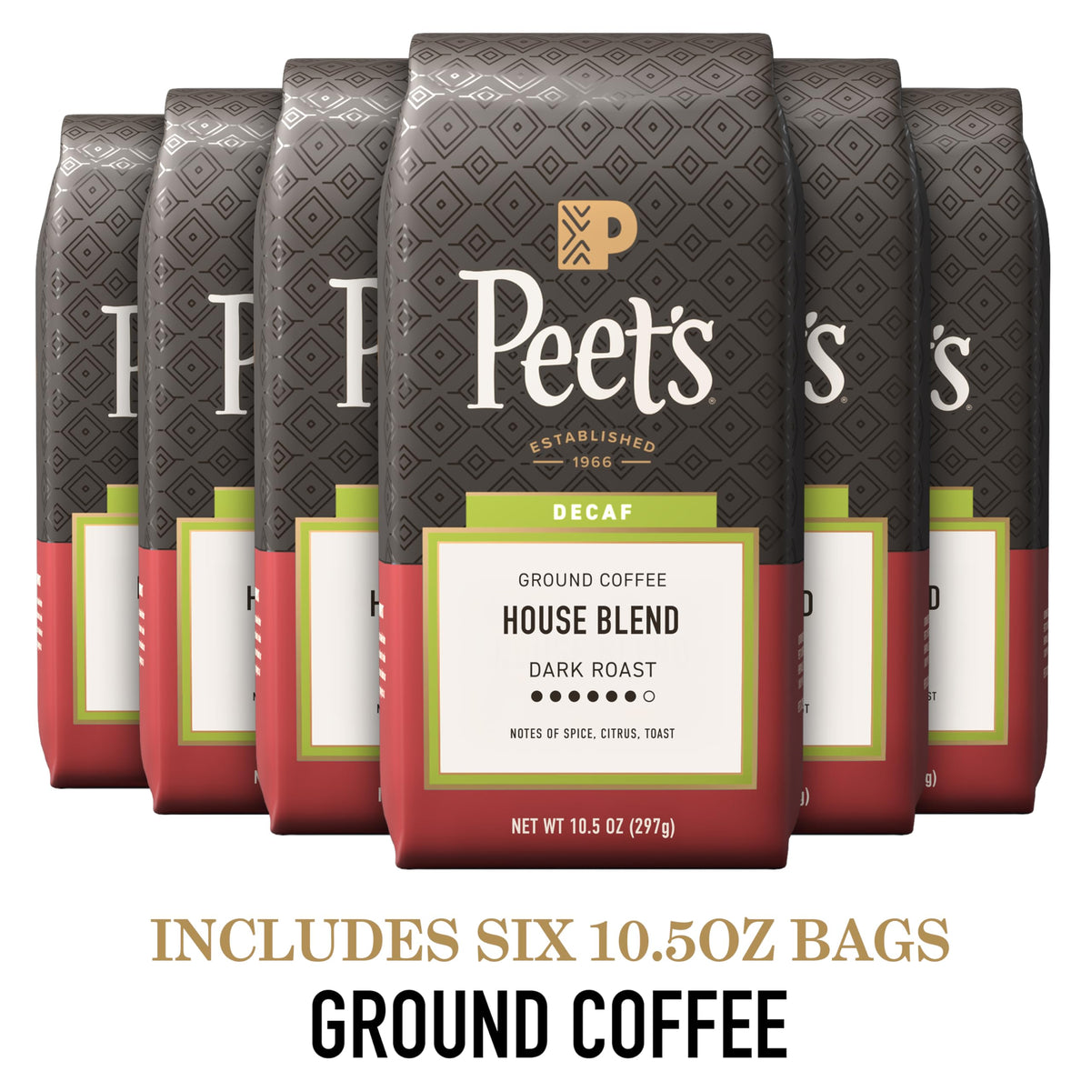 Ground Coffee Dark Roast by Peet's Coffee – 10.5 Ounce (Pack of 6), Decaf House Blend, Pack of 6, Model Decaf Ground Coffee
