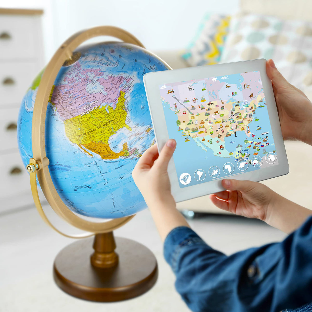 with Interactive APP & LED Illuminated Constellations at Night by SJSMARTGLOBE – Original, Wood, Blue, Model SJE-260-GASW2