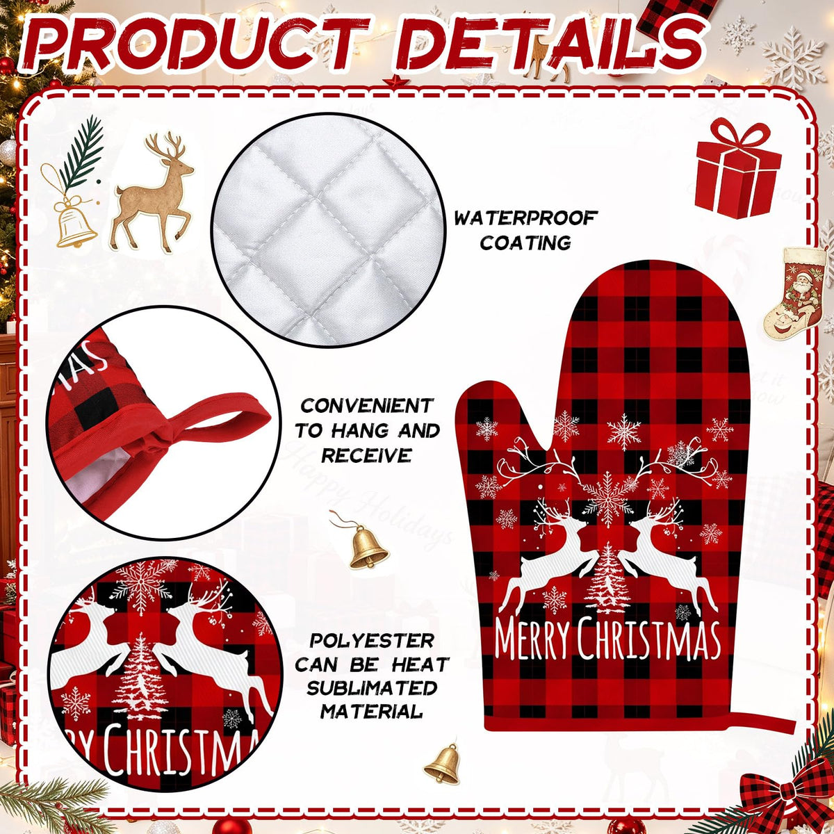 Sratte Christmas Oven Mitts, 12 Pack, Multicolored Plaid Santa Joy