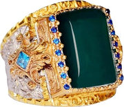 KAMBO Handmade Natural Jade Gemstone Men's Ring, 925 Sterling Silver King Ring with Rectangular Jade Stone, Vintage Statement Jewelry Gift for Him