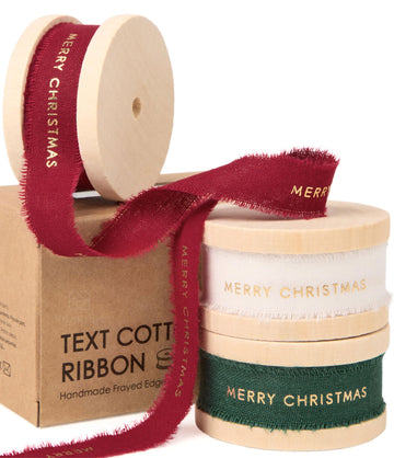 Vitalizart Christmas Ribbon, 5/8 Inch Cotton Frayed Fringe, Merry Christmas Mixed Color
