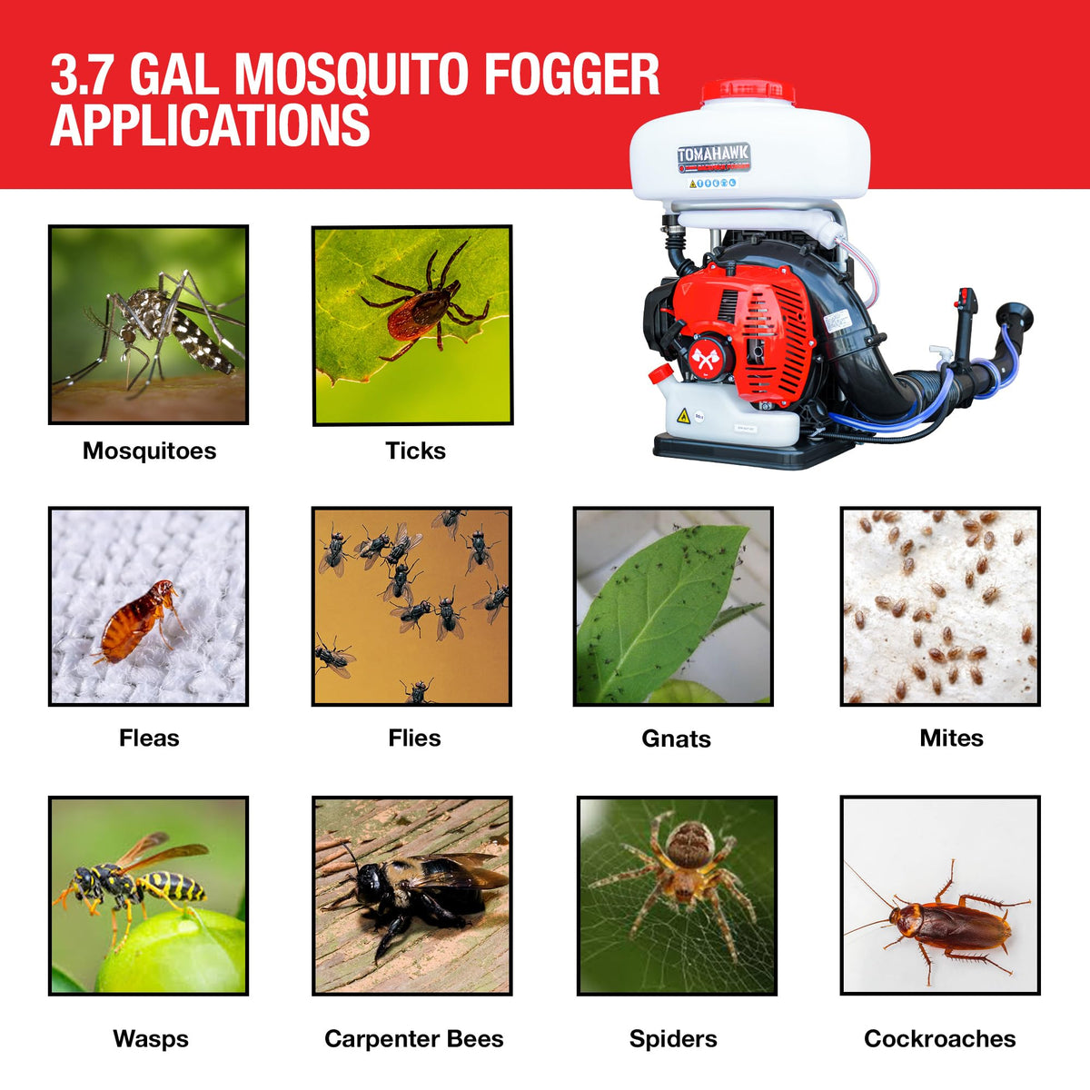 3HP Backpack Mosquito Fogger Leaf Blower 3.7 Gallon Tank Garden Sprayer (Turbo Fogger) by Tomahawk Power – Turbo Fogger (Standard), Red, Model TMD14