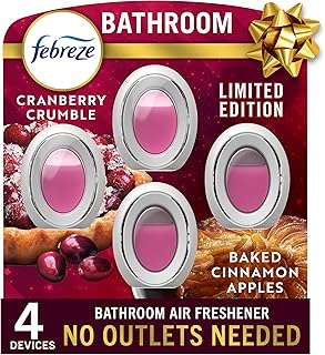 Febreze Bathroom Air Freshener, Odor-Fighting, Plug In Alternative, Air Fresheners for Home and Bathroom and Kitchen, Closet Air Fresheners, Baked Cinnamon Apples & Cranberry Crumble Scent, 4 Count