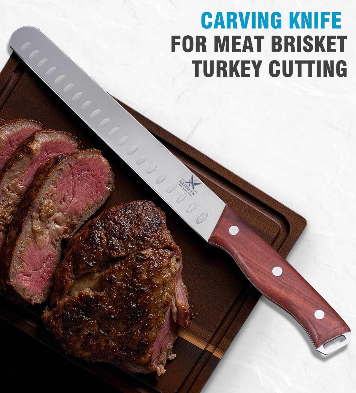 Naitesen Butcher Knife Set, 3 Piece High Carbon Steel, Redwood Handle