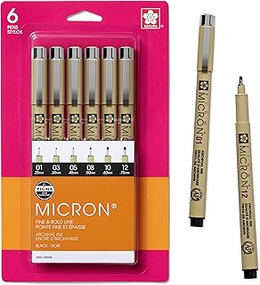 Sakura Pigma Micron Fineliner Pens, Black, Assorted Point Sizes, 6 Pack