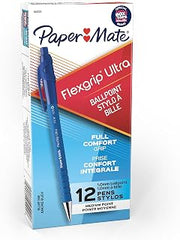Paper Mate FlexGrip Ultra Retractable Ballpoint Pens, Recycled, Medium Point (1.0mm), Blue Ink, 12 Count - Rubberized Full Comfort Grip, Office, Teacher Supplies
