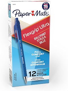 Paper Mate FlexGrip Ultra Retractable Ballpoint Pens, Recycled, Medium Point (1.0mm), Blue Ink, 12 Count - Rubberized Full Comfort Grip, Office, Teacher Supplies