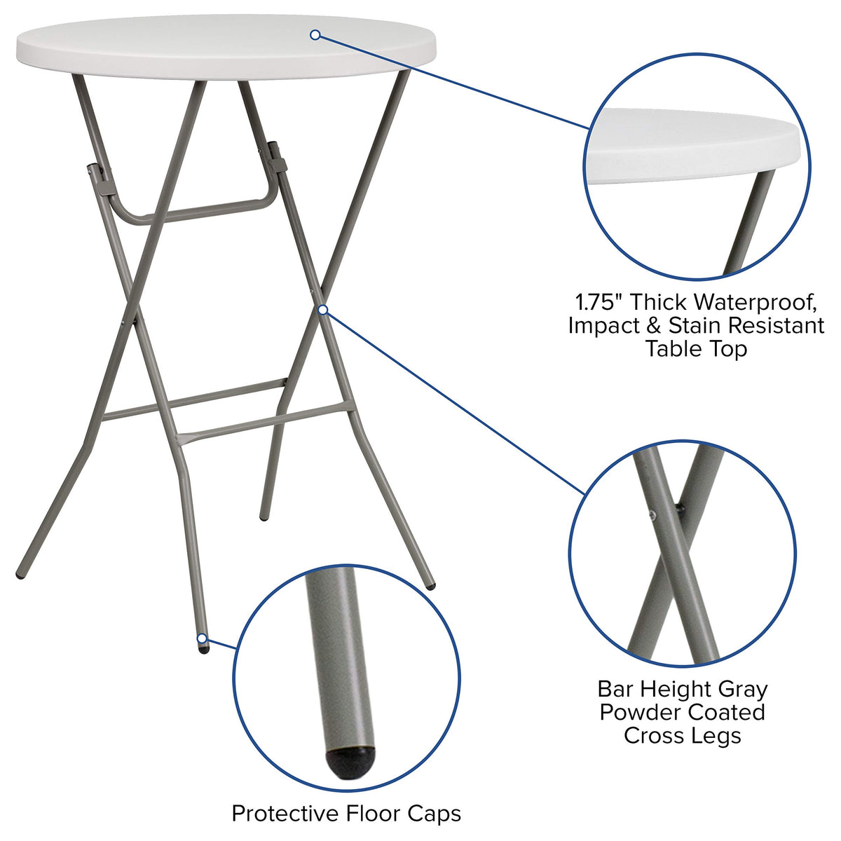 2.63 ft Plastic Round Folding Bar Table by Flash Furniture – 32" Round, Plastic, Metal, Plastic: Polyethylene, Granite White, Model RB-32RB-BAR-GW-GG